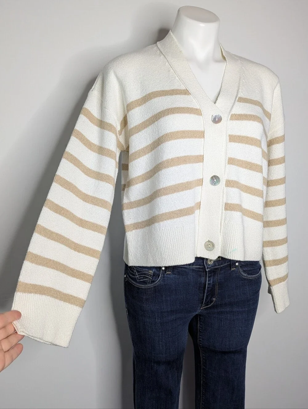 Rails Geneva Sand Stripe White Tan Cotton Blend Button Up Cardigan Sweater S